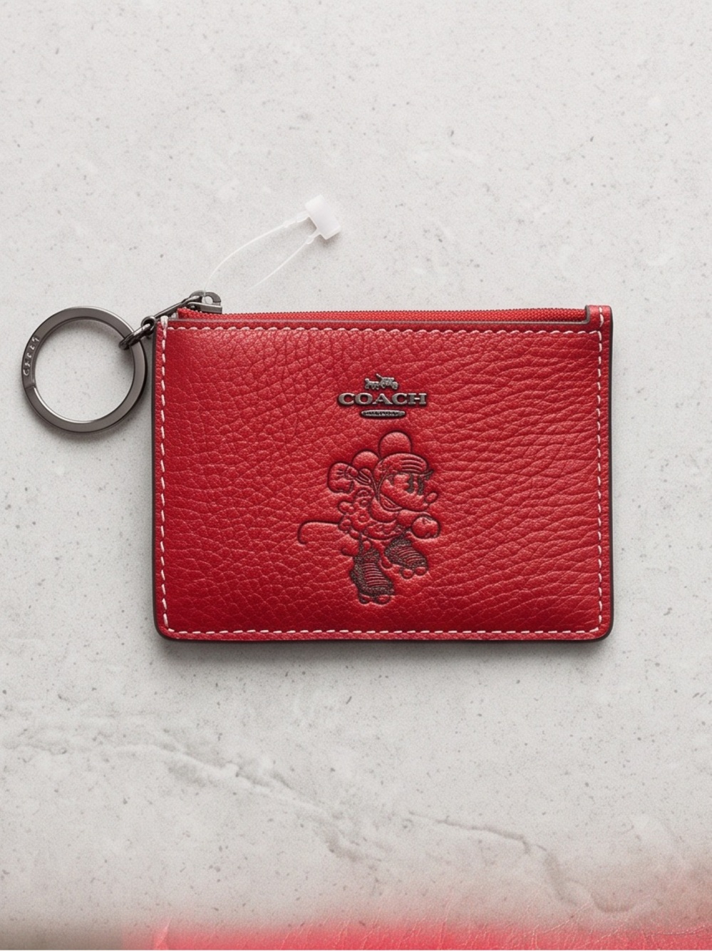 Coach Red Pebbled Leather Zip Card Case with Keyring and Embossed Character